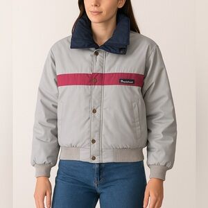 Vtg 80s Powderhorn Mountaineering Ski Jacket Wmns 10 Light Grey & Magenta Stripe